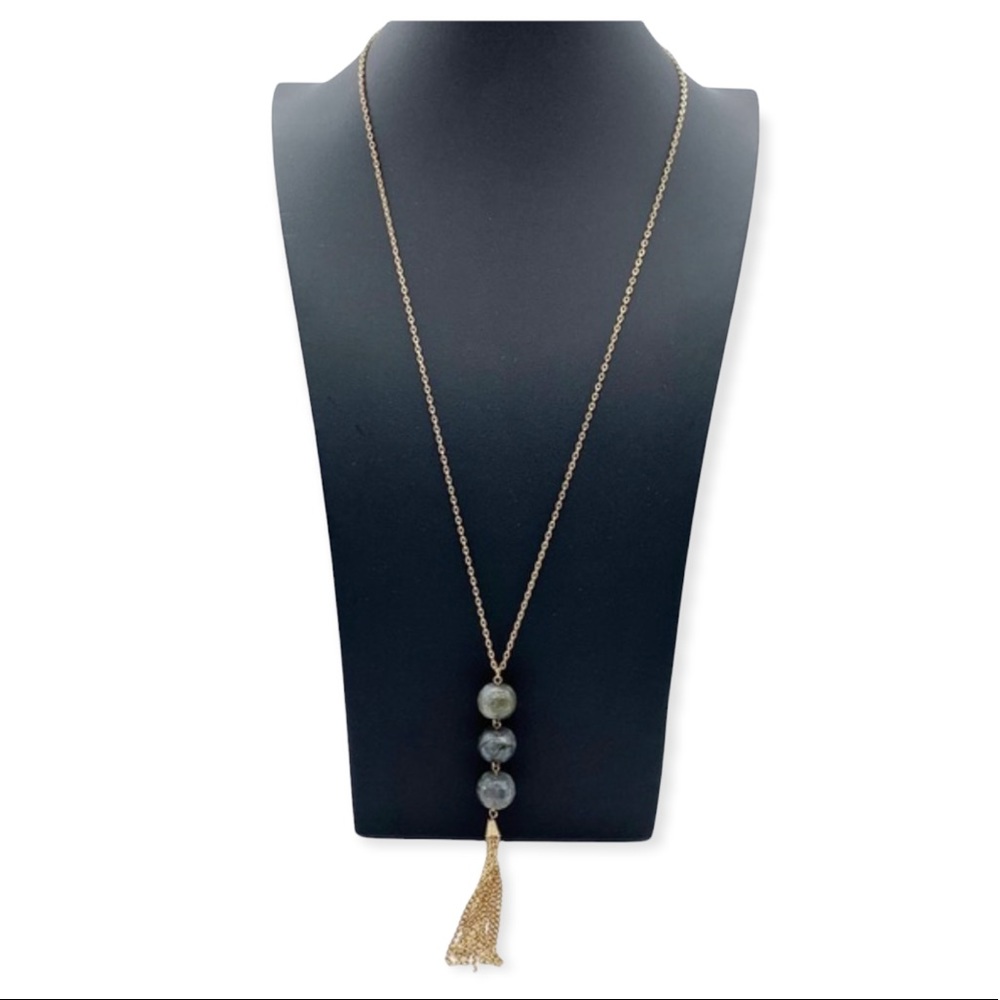Hand Made Long Green Beaded Stone Tassel Necklace in Gold - Picture 1 of 9